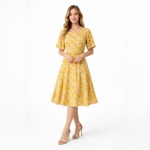 Roolee Yellow Floral Midi Dress with Tie Waist Size Medium
